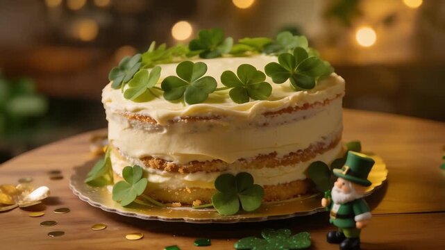 Festive layered cake decorated with shamrocks for a joyful St Patrick&rsquo;s Day celebration, capturing Irish spirit and holiday cheer in a warm setting.	