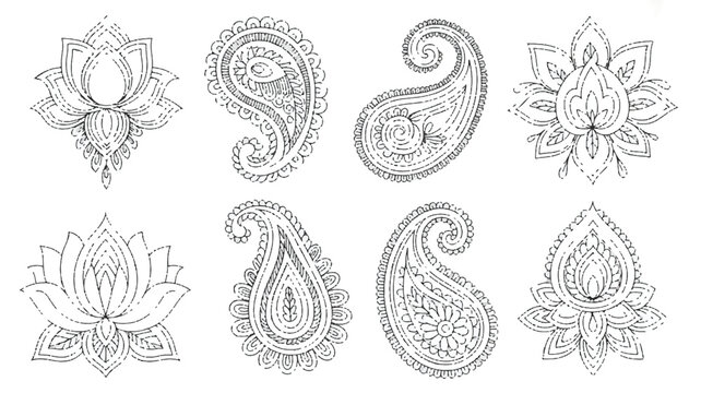 An illustration of six traditional henna designs on a white background