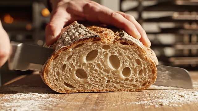 Video of bread slice cut with crumb texture reveal and sharp detail, artisan bakery concept, fresh food preparation background and rustic culinary atmosphere.