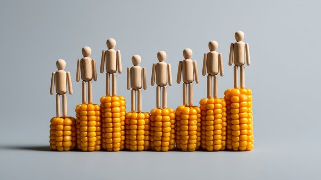 Inflation, Food Price Crisis Metaphor, Abstract Stock Market Food Metaphor - Wooden Artist Mannequins on Corn Kernel Candles Trading Chart.