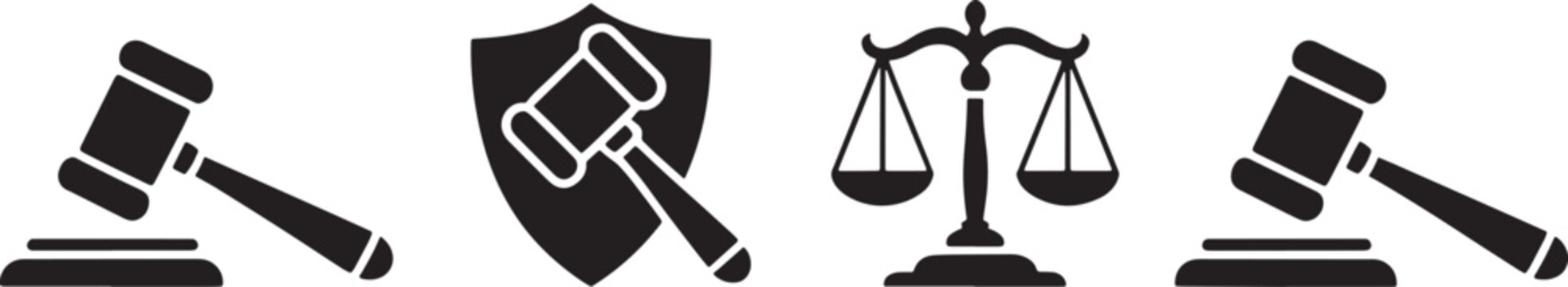 Legal icons set with gavels shield and balanced scales of justice