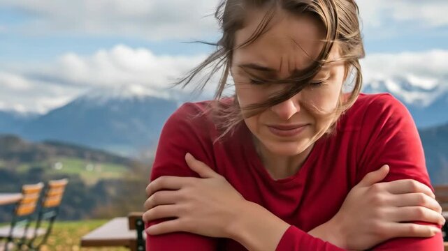 Young woman shivering outdoors in cold wind with mountain background