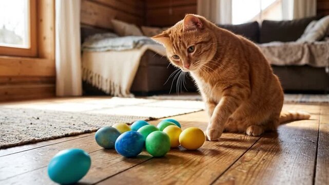 Ginger cat playing colorful Easter eggs on a wooden floor, creating a cozy and playful spring holiday scene at home.	
