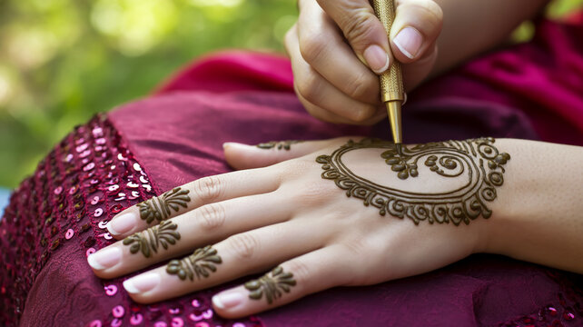 A person applies traditional henna designs on a woman's hand with a small cone outdoors