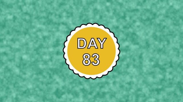 Day 83 text prominently displayed over curvy decorated spinning round circle on  solid soft vibrant green white multicolored painted wall background in loop.