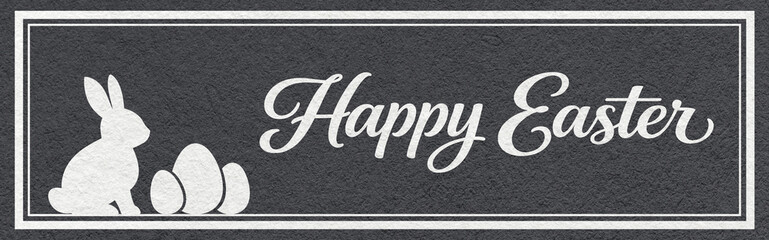 Happy Easter website header with white bunny and eggs silhouette on black textured paper background in chalk style