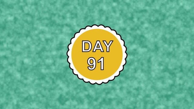 Day 91 text prominently displayed over curvy decorated spinning round circle on  solid soft vibrant green white multicolored painted wall background in loop.
