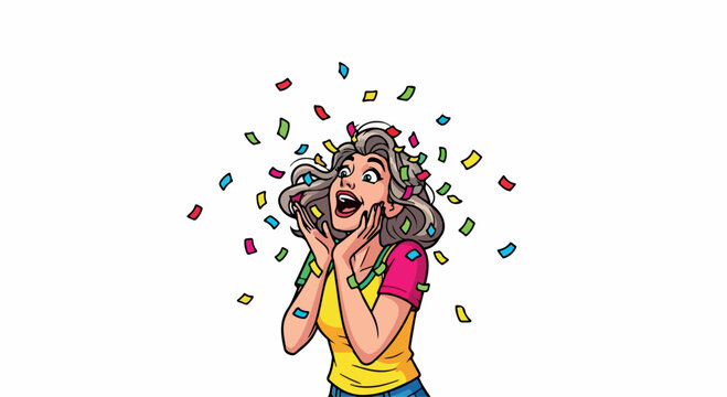 A cartoon woman with brown hair and a yellow shirt laughs with colorful confetti exploding around her on a white background.