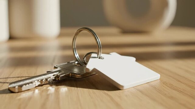 Key With House Tag \'96 real estate ownership concept, bright minimalist interior scene with a polished silver key placed on a smooth wooden surface, attached to a small matte white house-shaped