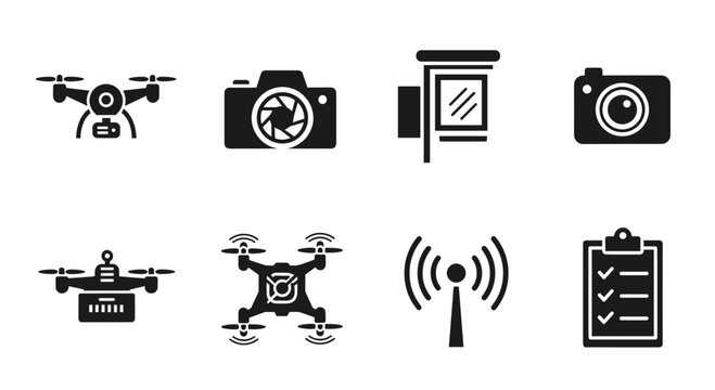 Drone and camera technology icons set.