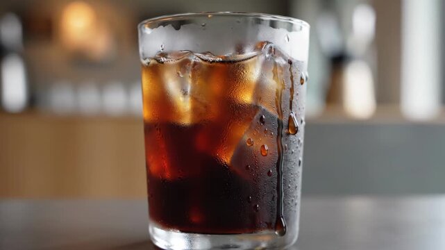 Video of Iced Black Coffee in Minimal Setting, cold brew drink backdrop, contemporary cafe mood for food and hospitality media.