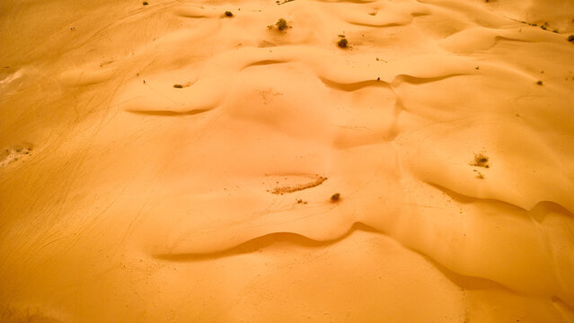 Aerial view of endless, rippling sand dunes stretch across the arid landscape, their curves and shadows painted in warm golds and browns, Zigindi, Yobe, Nigeria.