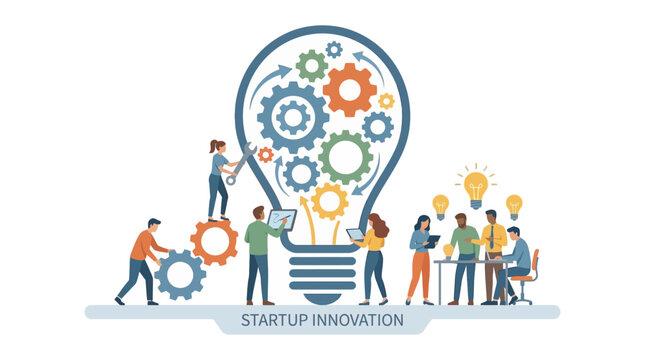 Startup team working on illustration vector concept with gears and lightbulb