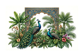 Obraz premium An ornate antique style frame featuring two peacocks amidst lush tropical foliage on transparent background high-quality professional detailed modern