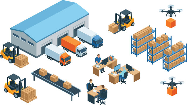 Isometric warehouse logistics and distribution center, delivery trucks with forklift and drone shipping vector illustration