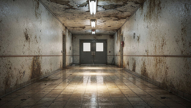 Eerie Abandoned Hospital Corridor with Grungy Walls and Fluorescent Lighting, Evoking a Sense of Decay, Mystery, and Foreboding Atmosphere