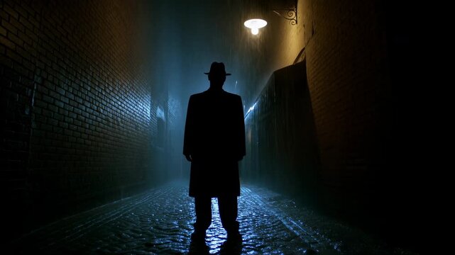 Mysterious Man In Alley Under Foggy Night. Shadowy Figure In Rainy Alley Illuminated By Blue Light