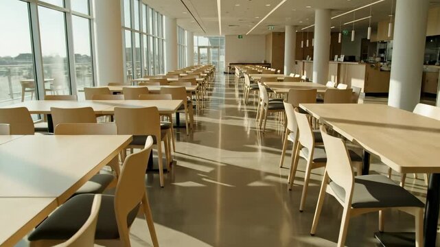 Video Cafeteria Interior &ndash; tables alignment in a bright daylight atmosphere for hospitality branding, corporate facility marketing, school promotions, and modern dining space visuals.