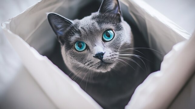 Charming Russian Blue Cat with Sparkling Green Eyes, Soft Fur, and a Playful Yet Graceful Stance