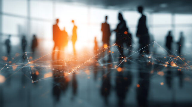 Blurry silhouettes of business people are actively moving and interacting in a bright, modern office with abstract digital connections.
