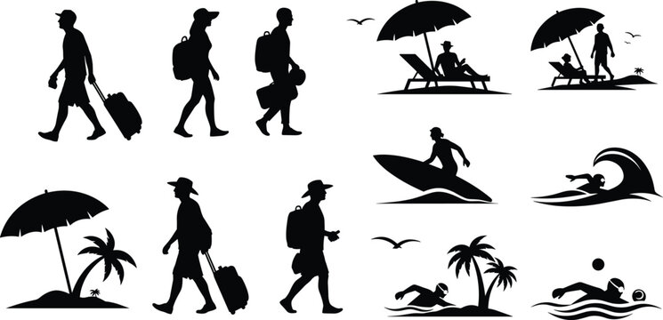 Summer Vacation Silhouette Vector Set, Beach Travel, Tourist Walking, Surfing, Swimming and Relaxing Under Umbrella Icons Collection for Holiday, Tourism and Lifestyle Design Projects