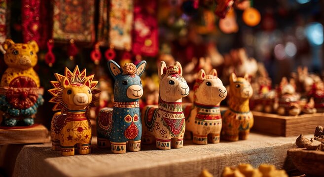 Colorful Decorative Animal Figurines Displayed at Vibrant Artisan Market Stall