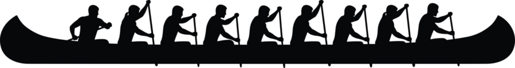 Canoe team rowing silhouette vector, paddling athletes in long boat, teamwork water sport illustration isolated outdoor activity concept © Sayedmohammad