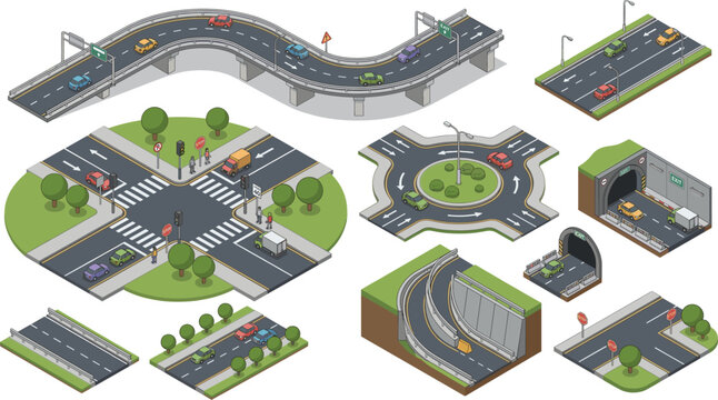 Set of isometric road infrastructure vector illustrations featuring highway bridges, roundabouts, city intersections, and tunnels with cars