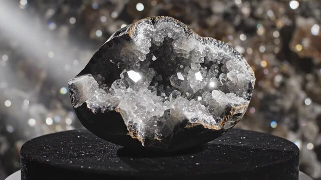 This video features a crystal geode reveal with sparkling interior detail under studio light, luxury mineral showcase visual, natural gemstone texture background, and premium product display concept