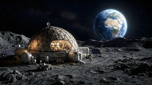 Futuristic lunar base on the moon surface with planet Earth rising in the dark space sky