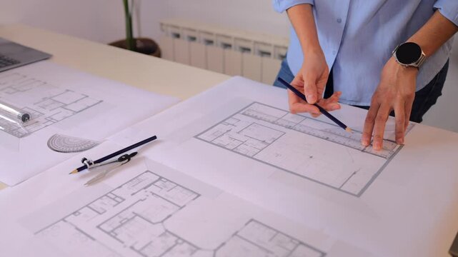 Closeup of an architect's hands carefully drafting a technical drawing on a blueprint, using a pencil and ruler for precision on the office desk with other design tools
