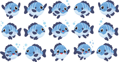 Happy Cartoon Fish Characters with Bubbles and Sparkles in Playful and Cute Underwater Illustration
