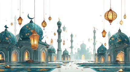 Obraz premium Peaceful Eid Scene with Lanterns and Minarets in a Cartoon Style Drawing