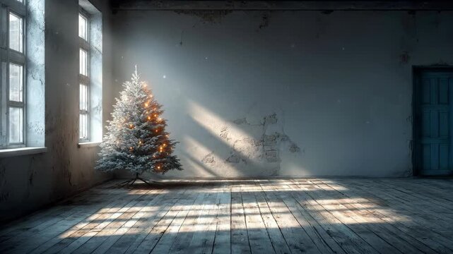 Sunlit pine in abandoned room: capturing serenity and time with subtle light changes