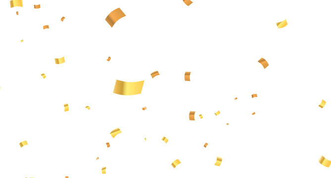 Falling isolated Gold Confetti. Glitter celebration PNG, Falling shiny gold confetti overlay on transparent background. Glossy golden festive tinsel. holiday