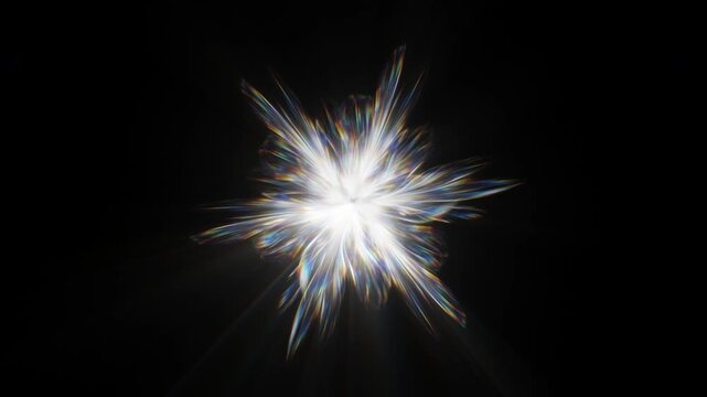 Radiant flower ray prism light burst glowing against dark background. Vibrant spectrum refraction starburst effect motion. Ideal for cinematic transitions, abstract backgrounds, sci-fi.