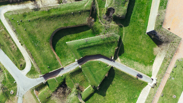 Aerial view of the historic Petrovaradin Fortress with its intricate network of walls and pathways, Petrovaradin, Vojvodina, Serbia.