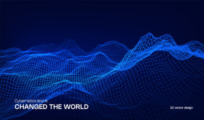 Abstract cyber ai background digital design with wireframe landscape grid line. 3D mountain and futuristic technology topographic big data concept.  © Shanvood
