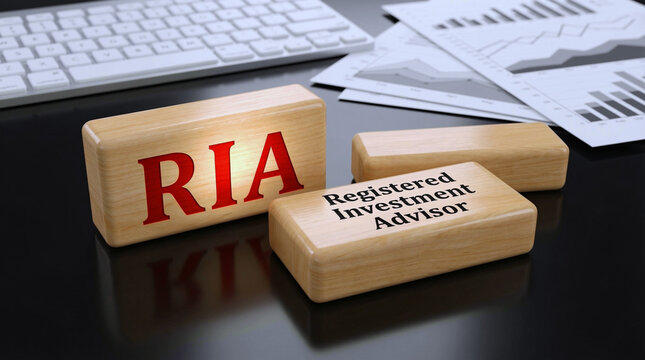 A registered investment advisor's workspace with RIA blocks and financial papers on a desk