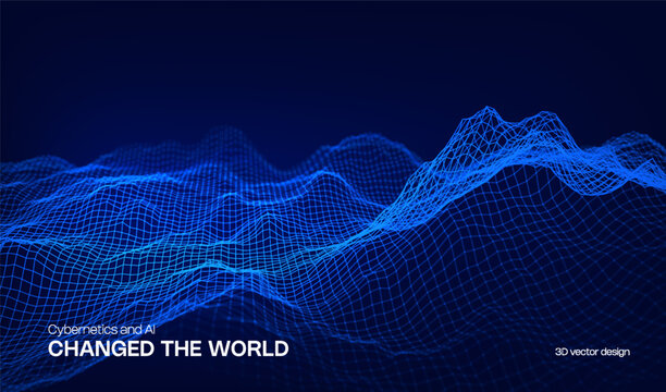 Abstract cyber ai background digital design with wireframe landscape grid line. 3D mountain and futuristic technology topographic big data concept. 
