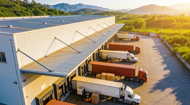 Aerial view of a large industrial warehouse with trucks at loading docks, surrounded by greenery and mountains, highlighting efficient freight logistics.