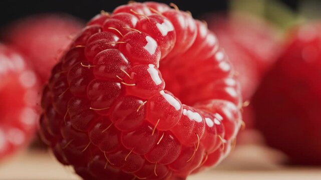 Video of Raspberry Extreme Macro \'96 delicate drupelets with soft shadows, fresh red berry texture, organic food background, healthy nutrition concept for culinary and wellness branding.
