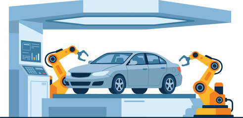 Automated car assembly line with robotic arms, smart factory vehicle manufacturing process vector illustration © VectoVerse