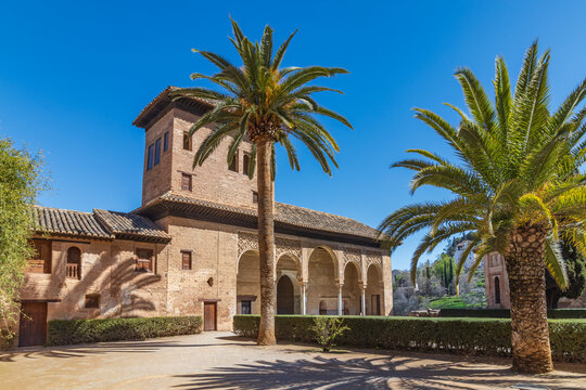 El Partal: Elegancia nazar&iacute; entre palmeras. Un encuadre luminoso del p&oacute;rtico del palacio y su torre, destacando la delicada arquitectura de arcos y la belleza de los jardines de la Alhambra.