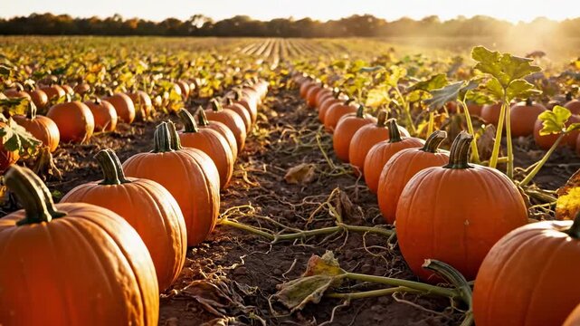 Video of pumpkin patch scene with endless orange rows in perspective, autumn harvest landscape, seasonal agriculture background and warm countryside atmosphere.