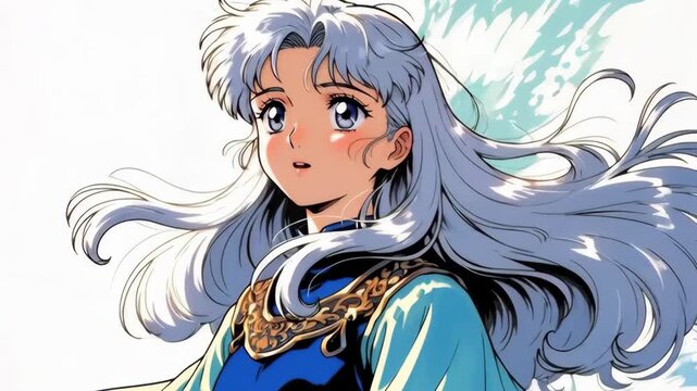 Elegant anime character with flowing silver hair in windy scene