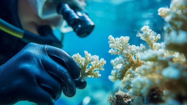 A marine biologist examining coral fragment sample.