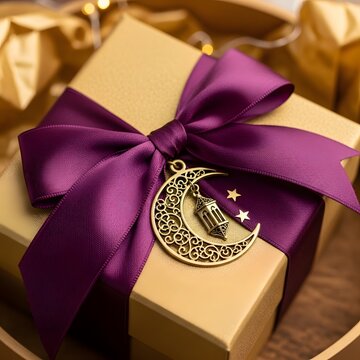 A beautifully wrapped gift box with a purple ribbon and a golden crescent moon charm