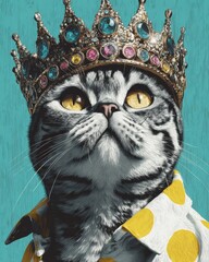 Fototapeta premium Majestic Cat Wearing Crown and Fancy Shirt with Polka Dots in Portrait
