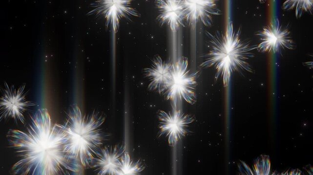 Abstract glowing flowers falling dark background vertical light streaks shimmering particles. Dreamy ethereal motion floral backdrop. Ideal for creative video projects, events, luxury.